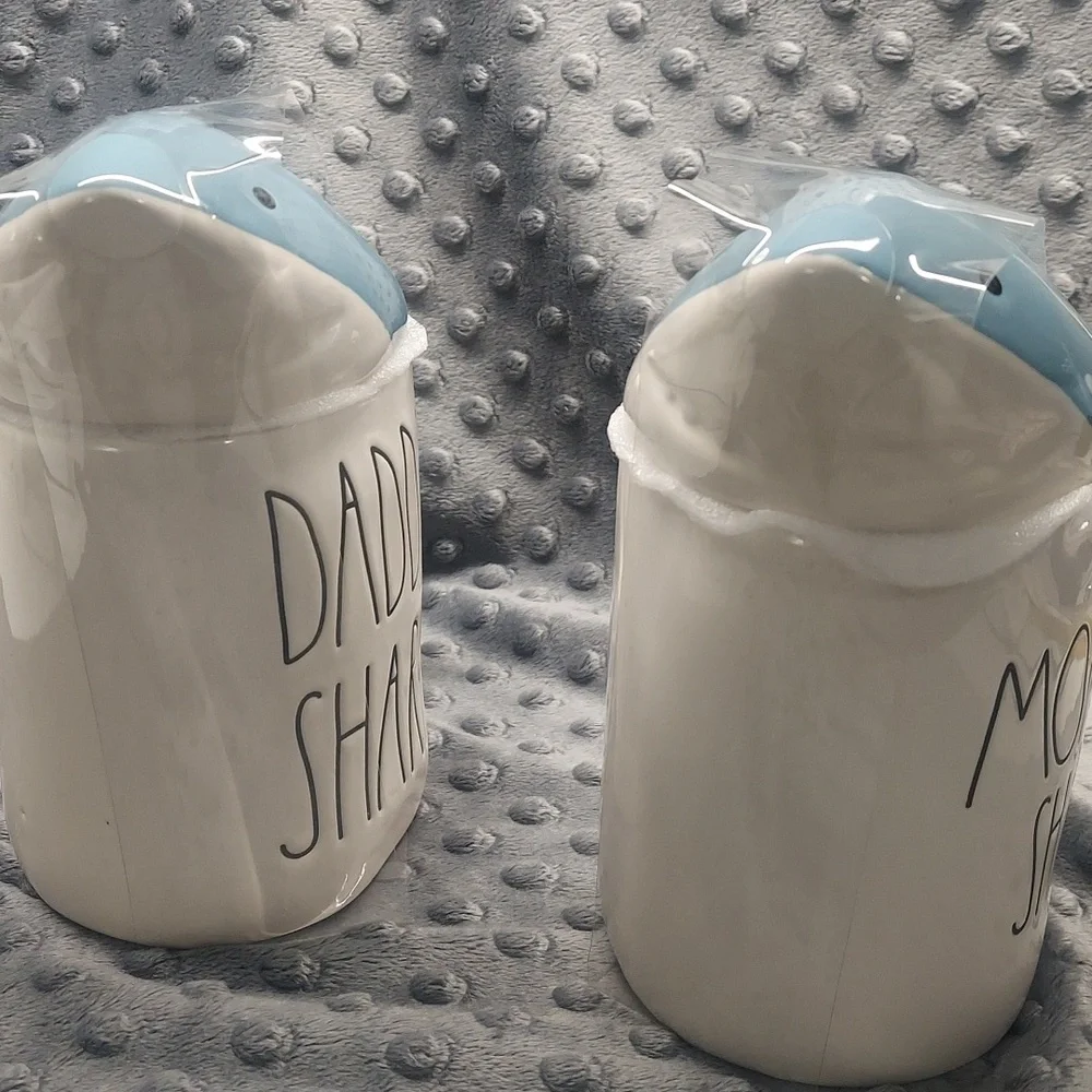 Rae Dunn White Cream Shark Top Mugs Set - Daddy Shark & Mommy Shark